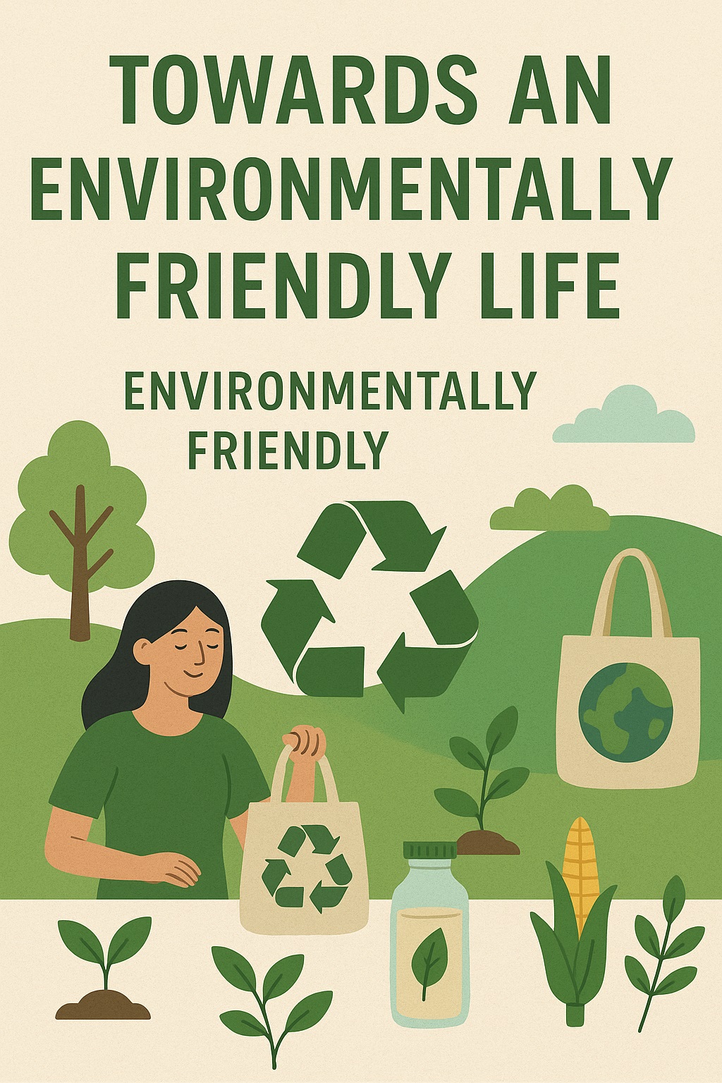 Illustration showing a woman promoting an environmentally friendly life with reusable bags, recycling, and organic products in a green landscape.
