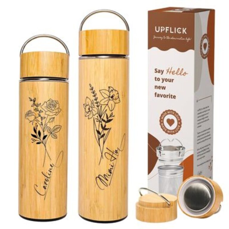Custom personalized bamboo water bottle with engraved birth flower and signature, eco-friendly tea tumbler, leakproof design, perfect gift for women and moms.