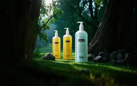 "Organic body wash bottle with a natural, eco-friendly label, featuring calming ingredients like aloe vera and lavender.