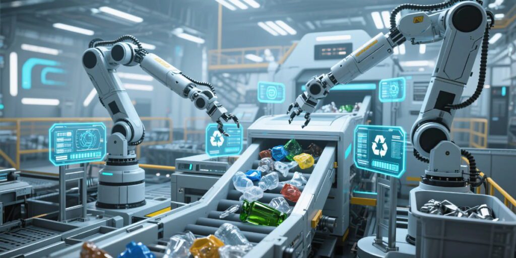 AI in recycling using smart technology and robotic systems in a high-tech recycling facility.