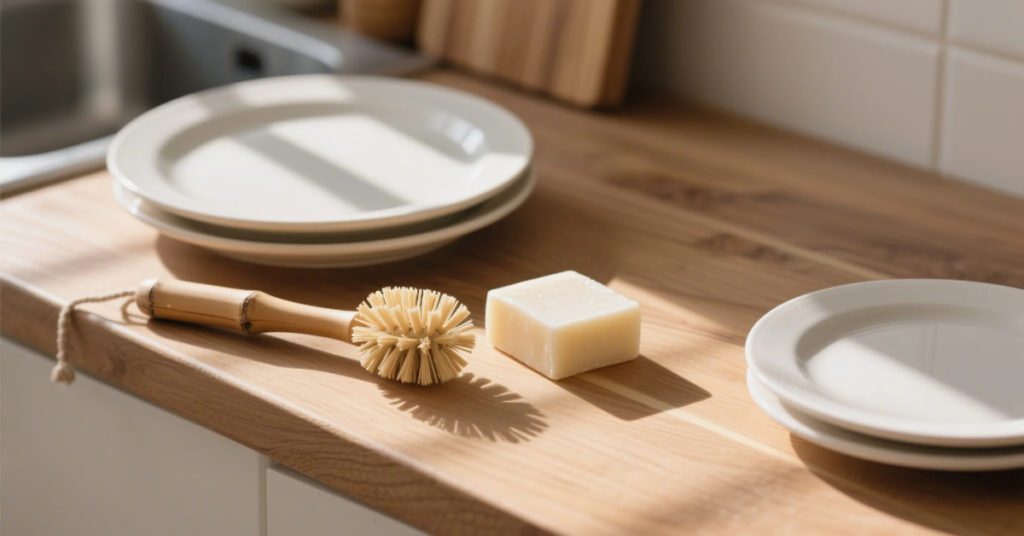 Eco bamboo dish brush on a wooden counter with clean dishes in natural light