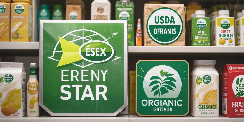 Various eco-friendly certification logos displayed on product packaging in a US retail store