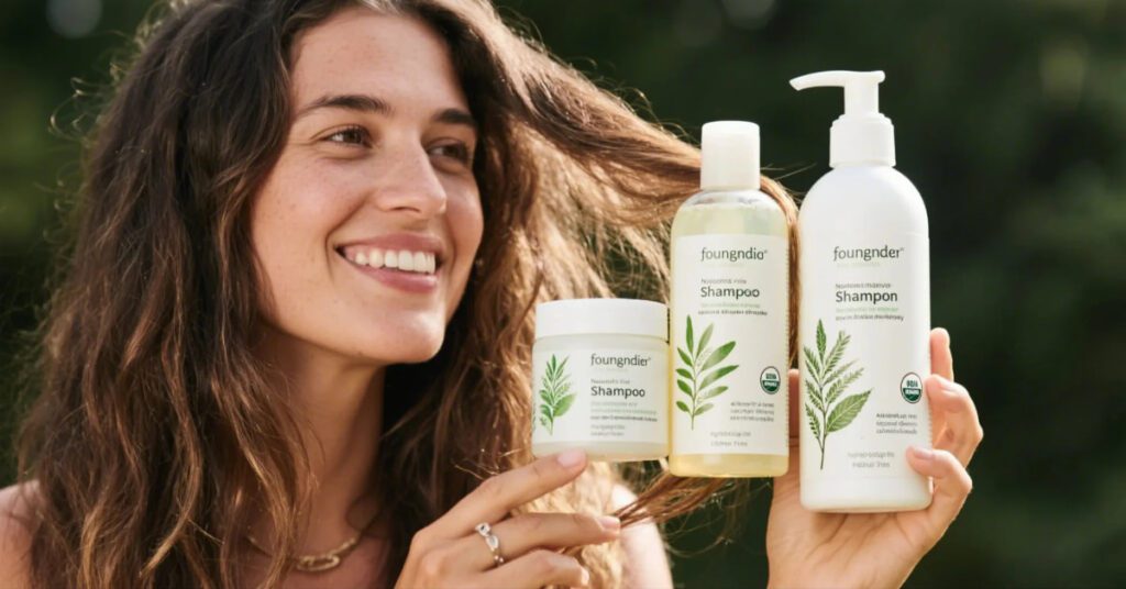 Eco-friendly hair care products on a sustainable setup.