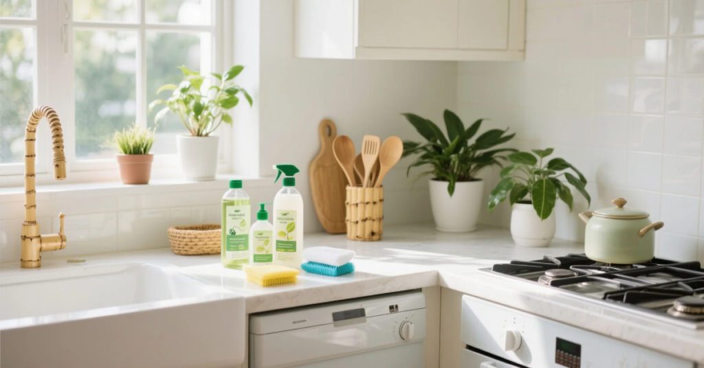 Eco-friendly household cleaning products arranged on a wooden kitchen shelf