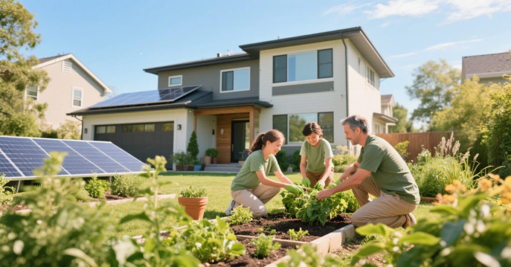 American family gardening in a sustainable solar-powered home