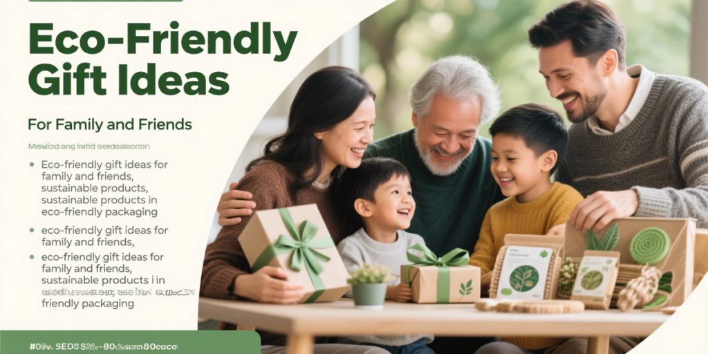 American family exchanging sustainable gifts wrapped in eco-friendly paper with reusable decorations