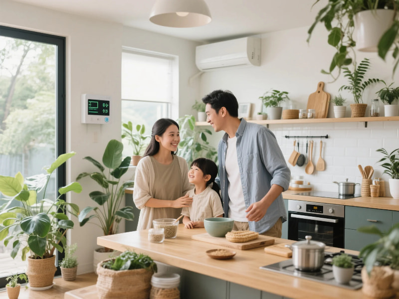 A family following sustainable home practices in the next decade