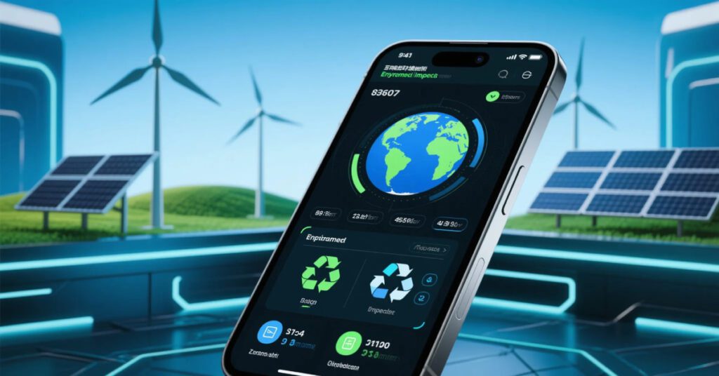 Mobile user checking eco tracking app with carbon data on screen in natural environment.
