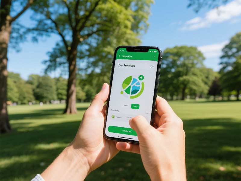 Mobile user checking eco tracking app with carbon data on screen in natural environment.