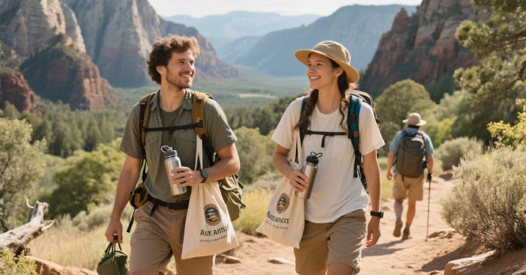 USA travelers hiking responsibly with eco-gear, minimizing waste in a scenic national park