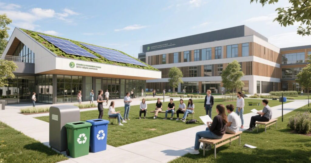 Sustainability in education sector with green buildings and students engaged in eco-learning