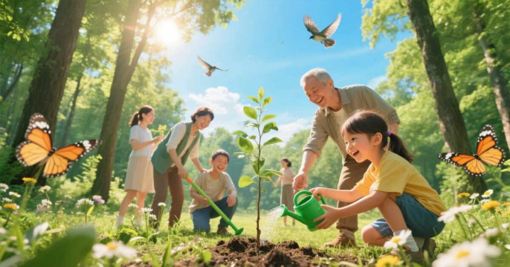 People planting trees in a forest to highlight environmental benefits