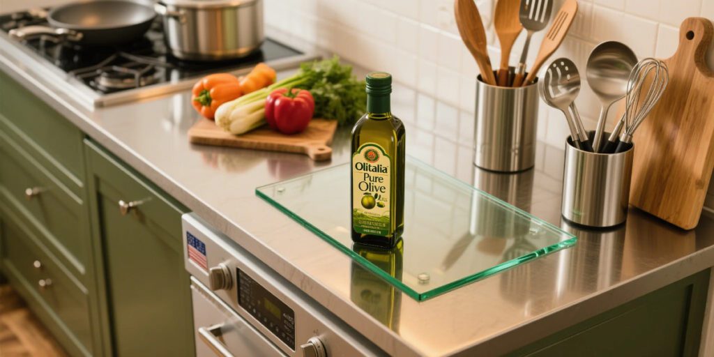 Olitalia Pure Olive Oil bottle on a USA kitchen counter with vegetable