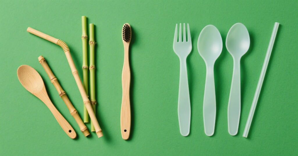 Bamboo and plastic products comparison on a clean eco-friendly background