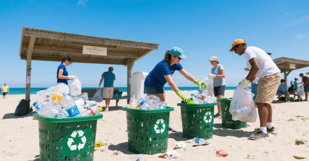 Volunteers reducing plastic use through beach cleanup using reusable collection bins
