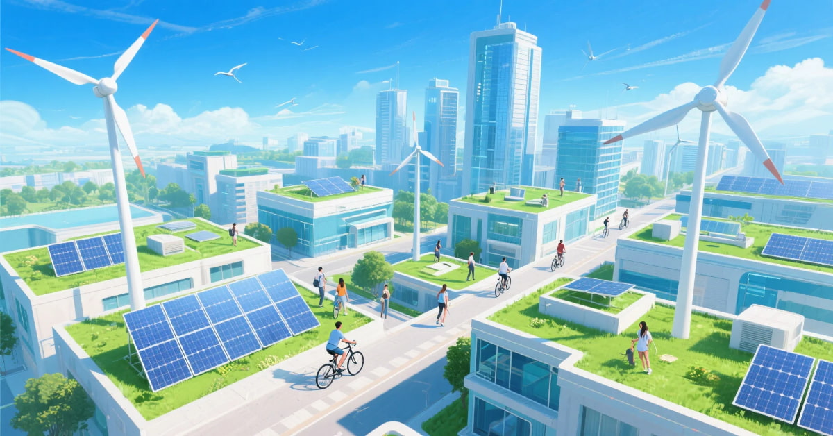 Sustainable living in the next decade visualized in a green smart city