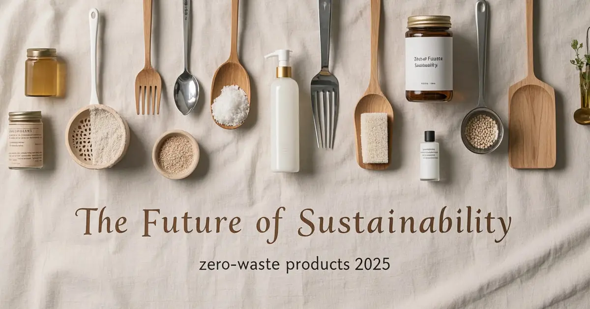 Top 10 Zero-Waste Products 2025 displayed on a rustic wooden table with eco-friendly packaging.