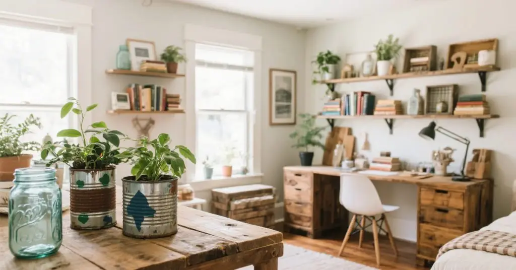 Creative workspace showcasing upcycled household items like jars, tin cans, and reused furniture