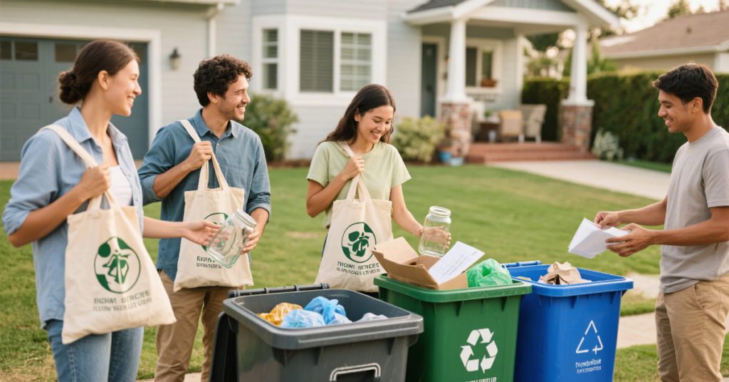 People using recyclable products like reusable bags, glass jars, and eco-packaging to support environmental protection