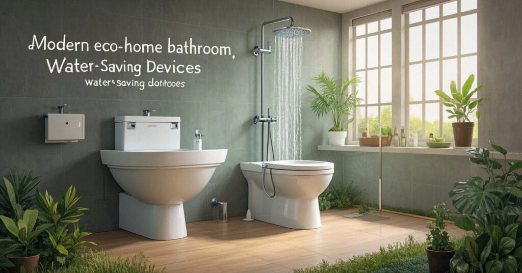 Water-saving devices installed in a modern eco-home bathroom and kitchen