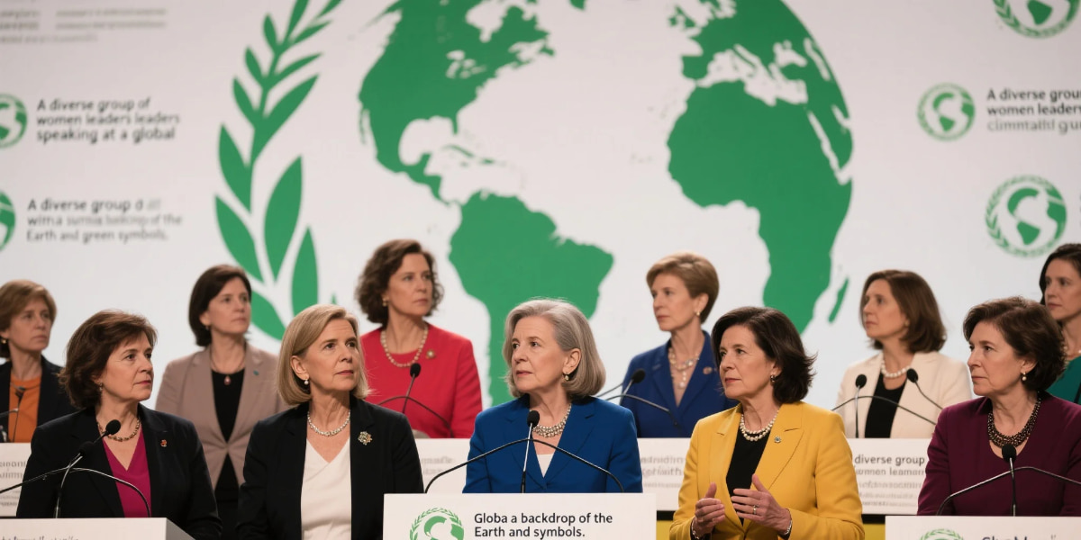 Women leaders promoting environmental policies on stage at global sustainability summit