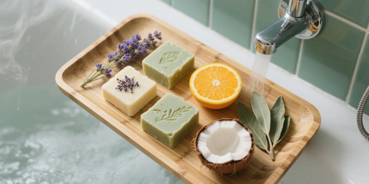 Collection of best smelling shower bars loved by users, placed on a rustic bathroom shelf