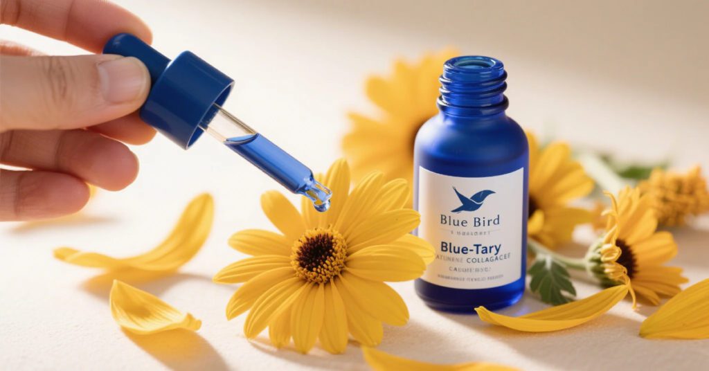 “Blue Tansy collagen face oil by The Yellow Bird on dropper with calendula petals”