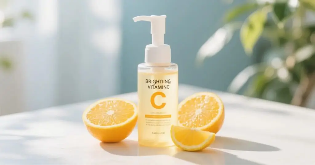 Brightening vitamin C cleanser bottle with citrus backdrop for glowing skin”