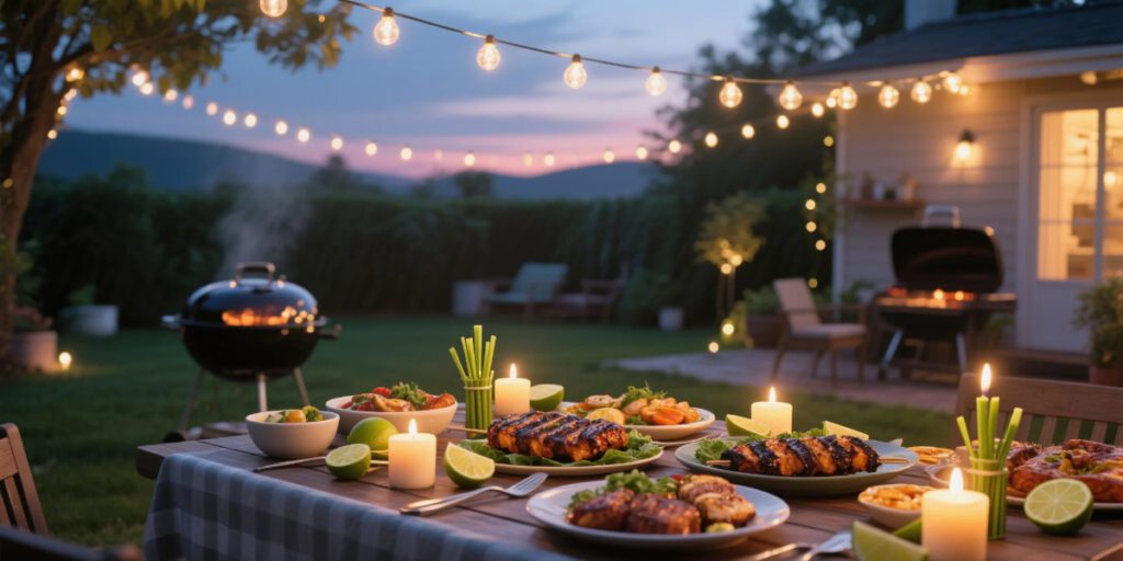 Bug-free backyard BBQ tips setup with candles and food in a USA home