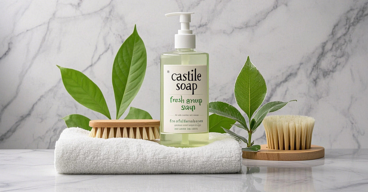 Castile soap benefits displayed with natural skincare items on bathroom countertop