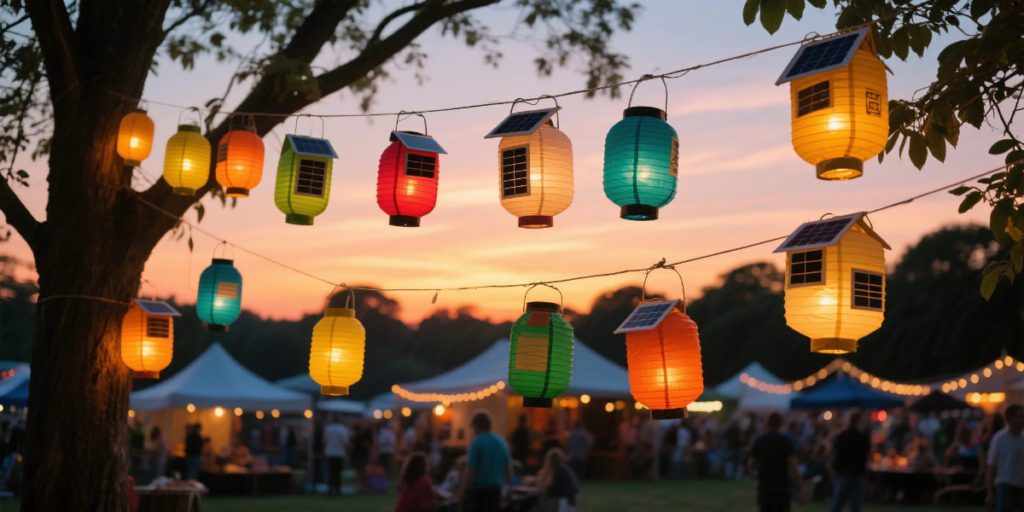 Banner with glowing DIY solar lanterns lighting up a festival evening in an eco-friendly celebration