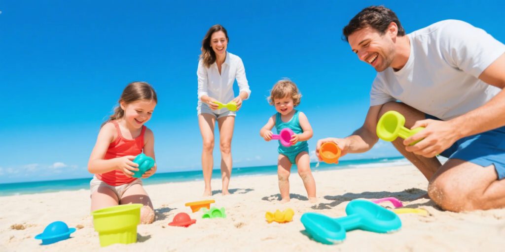 Children using colorful eco-friendly silicone beach toys at a sunny beach