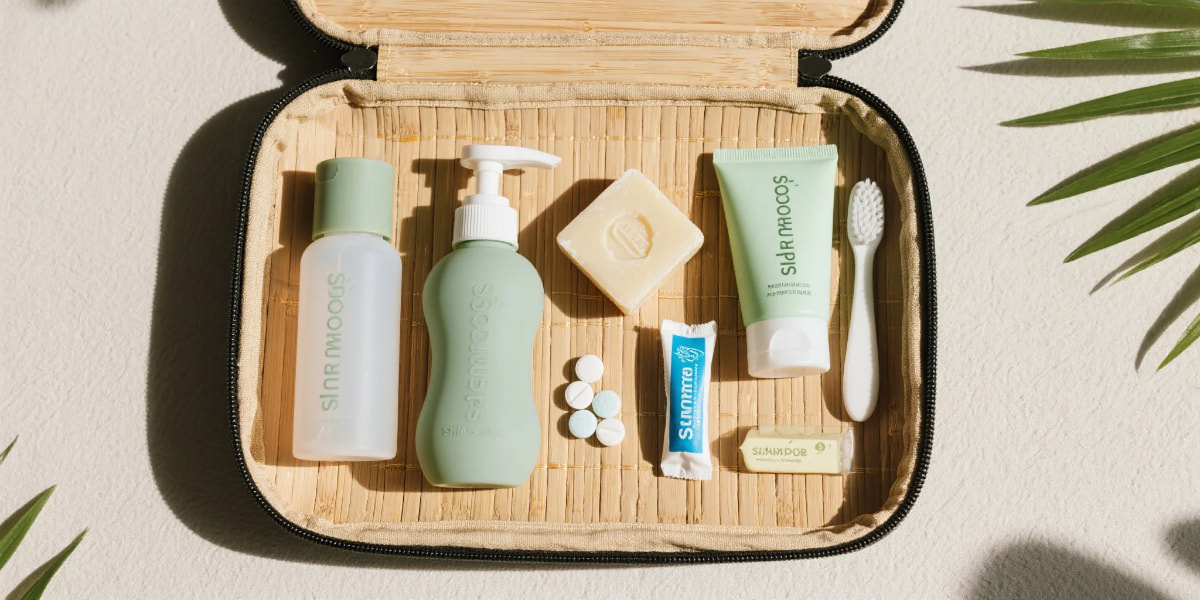 Flat-lay of eco-friendly travel toiletries with silicone bottles and shampoo bars