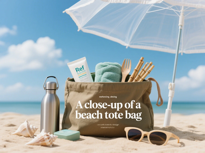 Sustainable beach gear packed inside a cotton tote bag for an eco-friendly summer trip