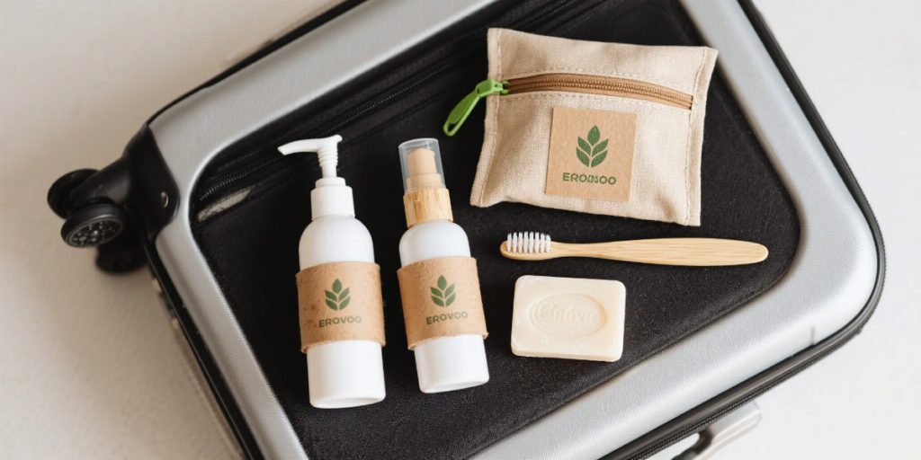 Plastic travel toiletry bottles and eco-friendly alternatives side by side.