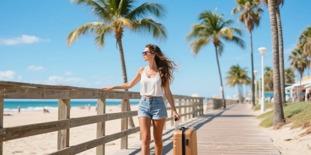Woman with smooth hair in humid beach destination during summer travel