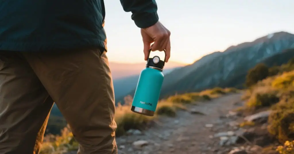 Hydro Flask 32 oz wide mouth bottle in Surf color with Flex Cap on a hiking trail