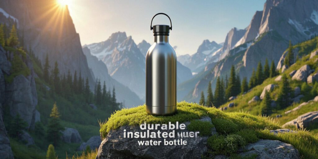 “Insulated water bottles placed on rock during USA Canada summer hike trail.”