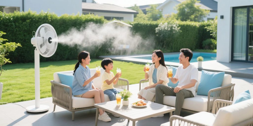 outdoor cooling fans and misters in a backyard