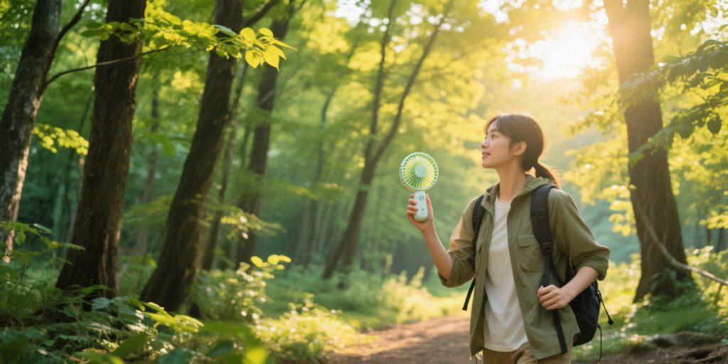 portable eco handheld fan cooling a hiker in summer