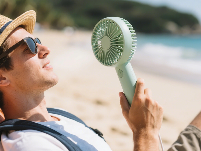 portable eco handheld fan cooling a hiker in summer