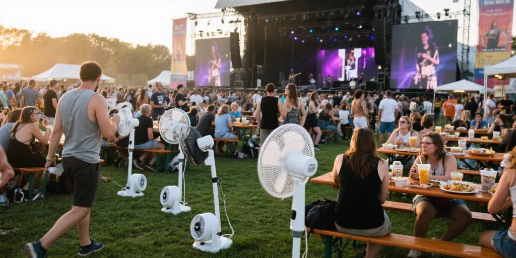 Portable fan outdoor venues used at music festivals with crowds and equipment visible