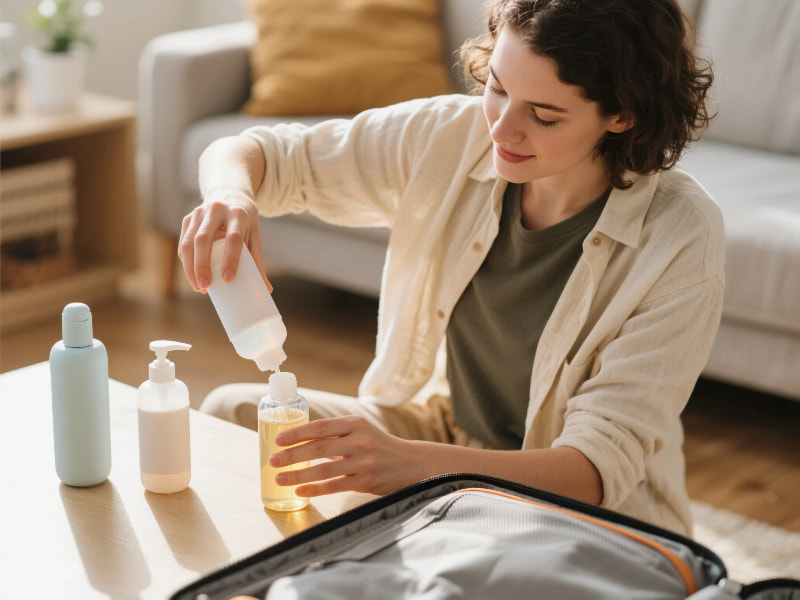 Traveler refilling eco-friendly silicone toiletry bottles before packing