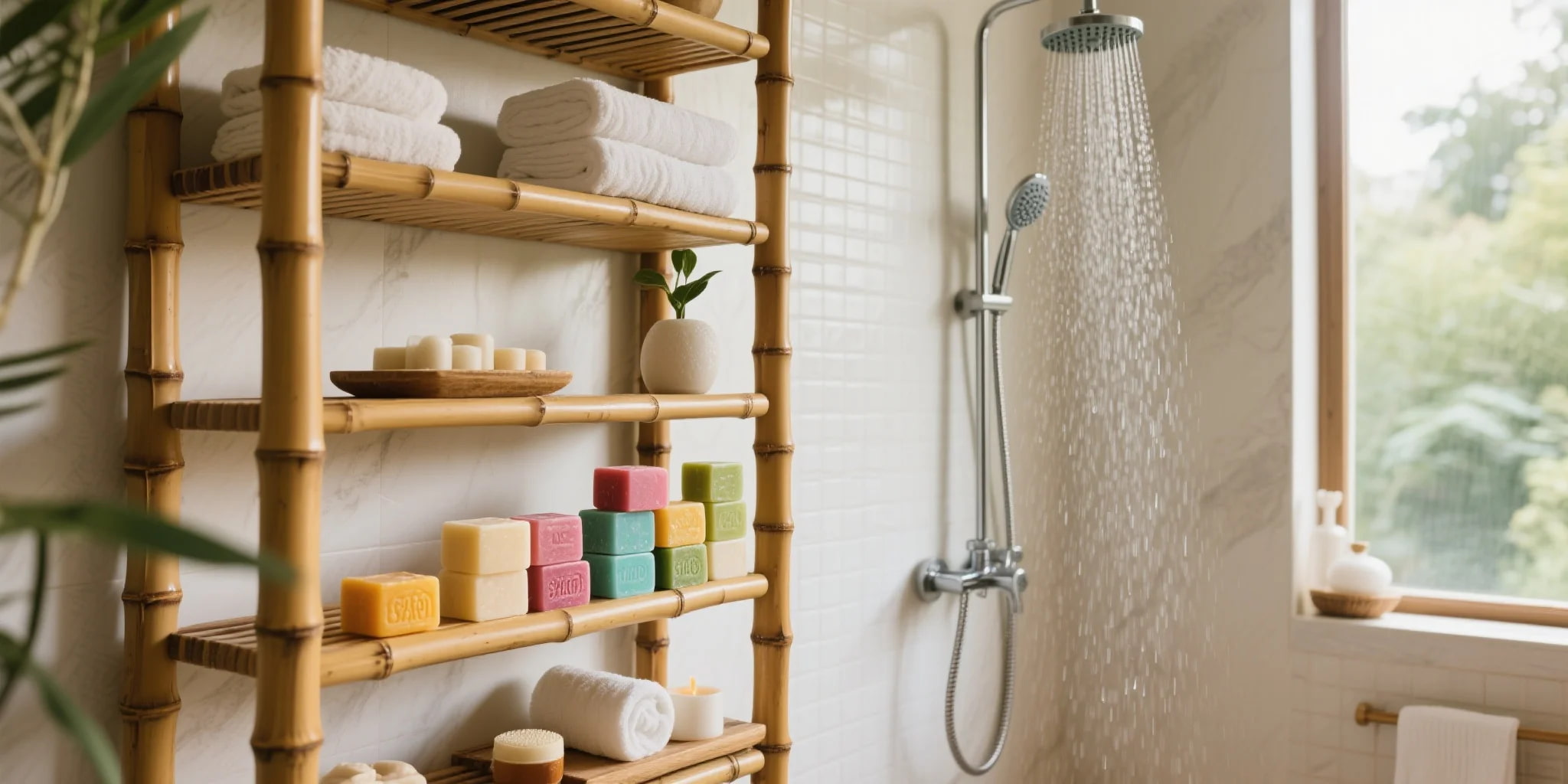 Spa setting with eco-friendly solid shampoo bars near a shower