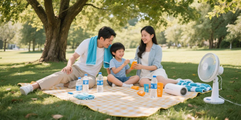 summer heat survival checklist items laid out on picnic blanket outdoors