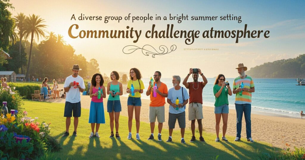 Summer hydration community challenge participants holding water bottles and taking snaps outdoors.”