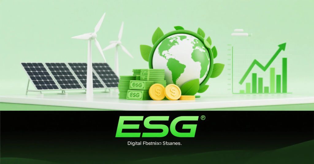 Banner showing clean energy, ESG label, stock chart and money for sustainable investments