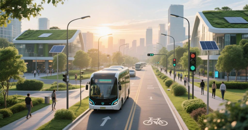 Sustainable urban transportation with electric buses and bike lanes in a smart eco-friendly city