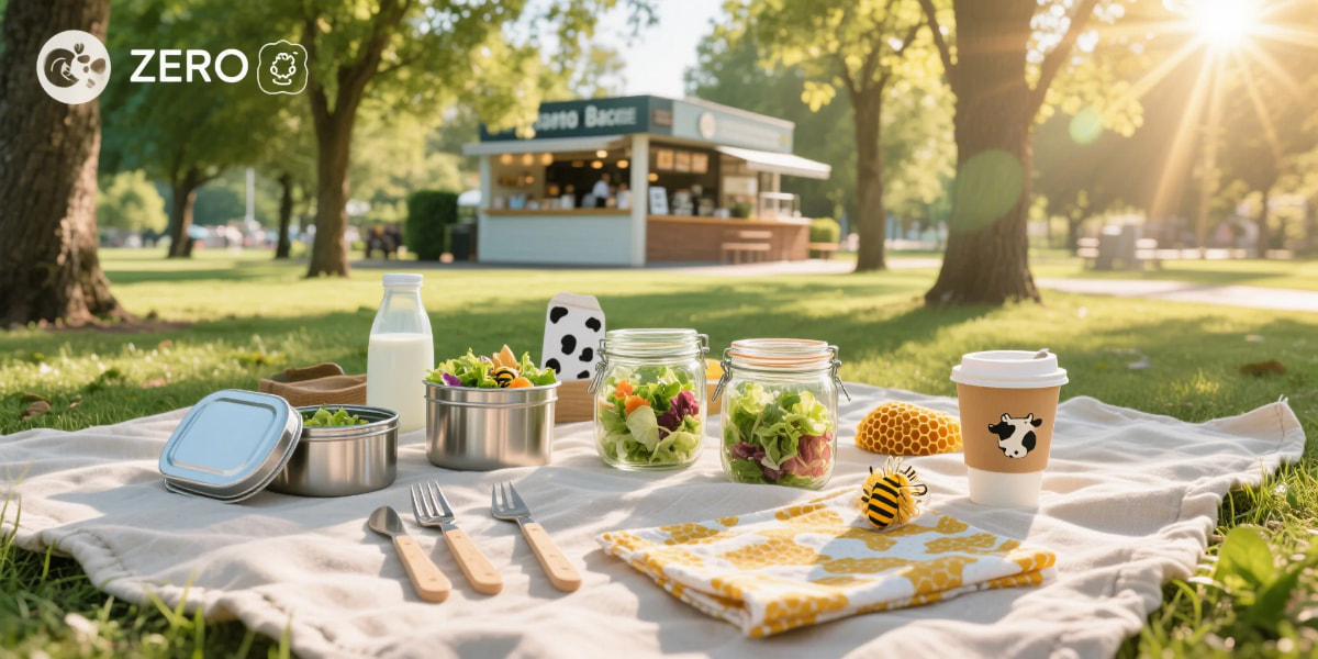 zero waste picnic ideas banner showing reusable containers and eco-friendly setup