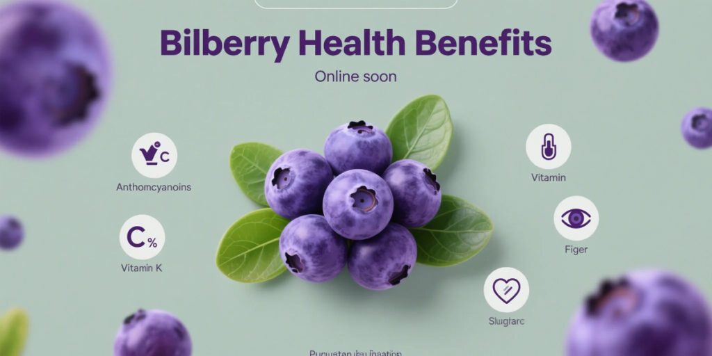 Bilberry health benefits infographic showing nutrients, eye support, heart health, blood sugar balance